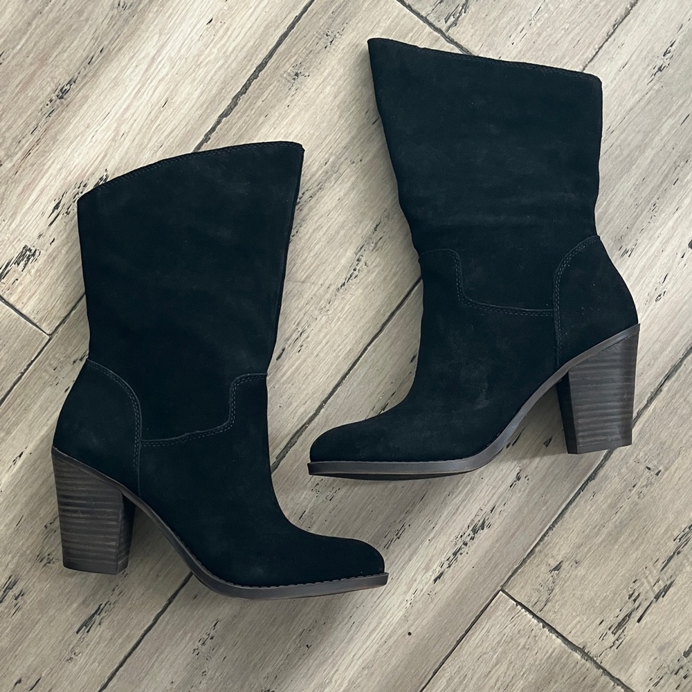 Lucky Brand Black Suede Mid Ankle Slouch Block heel Bootie 7.5